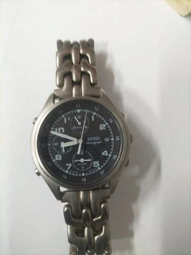 SEIKO VINTAGE 7T32 QUARTZ  CHRONOGRAPH ALARM TITANIUM LOOK WATCH 40MM BLACK DIAL