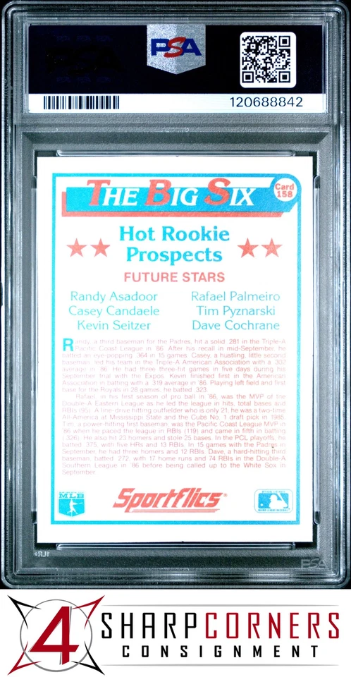 1987 SPORTFLICS #158 KEVIN SEITZER-RAFAEL PALMEIRO RC PSA 10 - Image 2 of 3