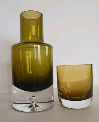 Vintage Krosno Poland Hand Blown Art Glass Decanter & Tumbler Set, Olive Green
