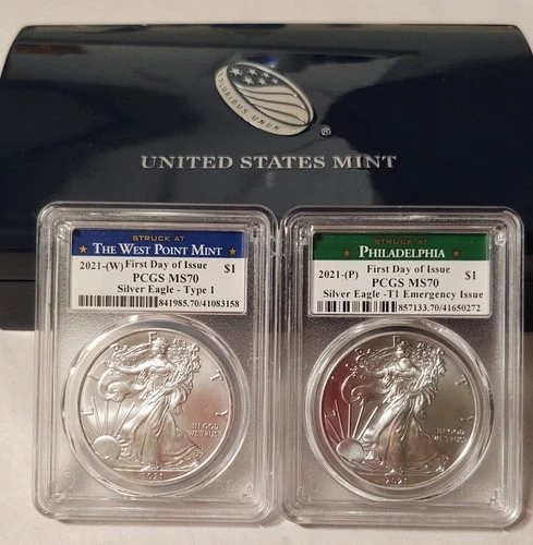 2021 P&W American Silver Eagle PCGS MS 70 FDOI Type1 and US Mint Blue Laqure Box