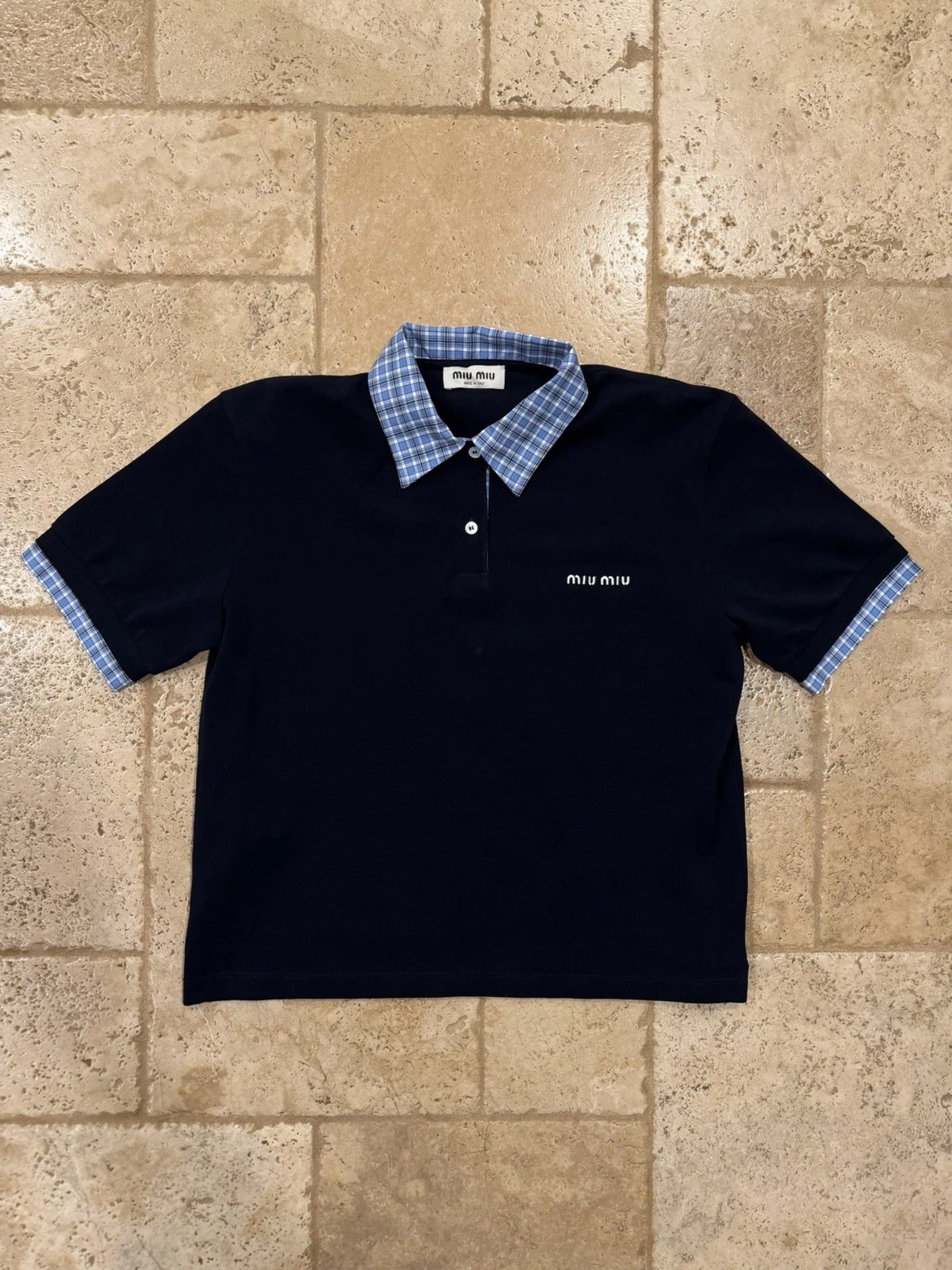 Miu Miu — Miu Miu Navy SS 2024 Pique & Poplin Plaid Collar Polo Shirt