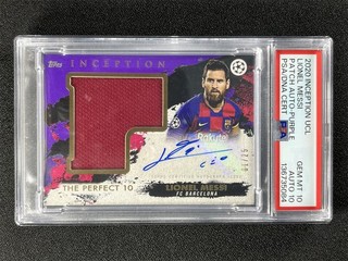 1/25 ! 2020 21 Topps Inception UCL Lionel Messi Patch Auto Purple PSA 10/10