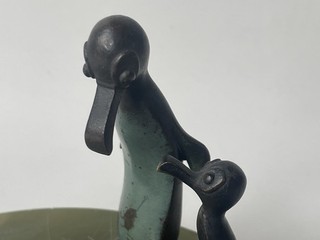 Art Deco Bronze & Onyx Penguin Chick Trinket Dish Vtg 30s Cold Painted Baller