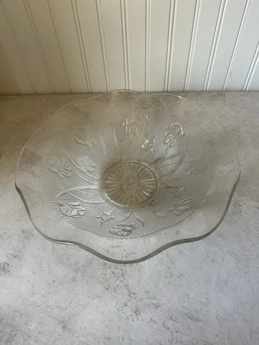 Jeanette Iris & Herringbone Clear Pressed Depression Glass Fruit Bowl 11 ½”