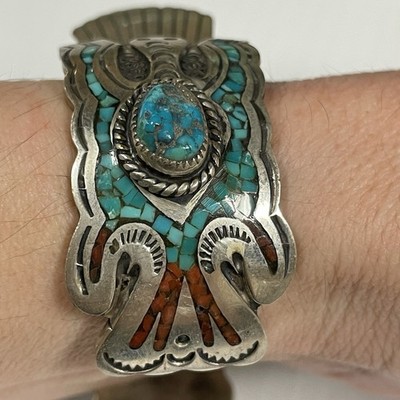 Vintage Thunderbird Turquoise Coral Watch Cuff Bracelet 6.5  65.78 Grams HMIJ K