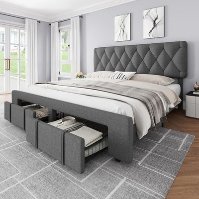 Queen Size Bed Frame, Upholstered Platform Bed Frame with 2 Storage Drawers