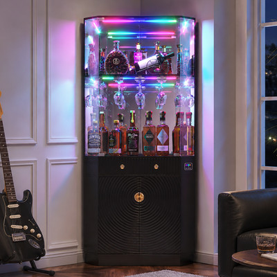 Corner Bar Cabinet with RGB Lights,Wine Cabinet Liquor Stand with Glass Holder
