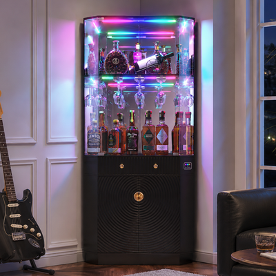 #ad Corner Bar Cabinet with RGB LightsWine Cabinet Liquor Stand with Glass Holder $209.99