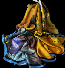 100 Silk 41" large Square Scarf Women Shawl Wrap floral yellow blue gray HD91-4