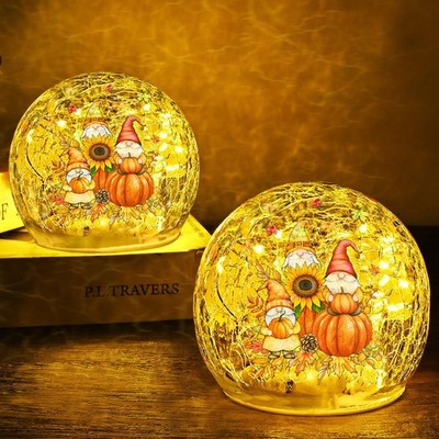FRAMICS 2 PCS Fall Decorations for Home 4'' Gnome Pumpkin Crackle Glass Balls ...