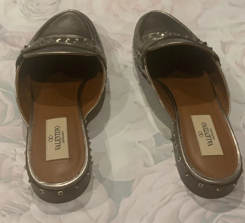 VALENTINO GARAVANI Mules Rockstud Soul Gold Leather Slides Flats Shoes size 39 - Image 3 of 4