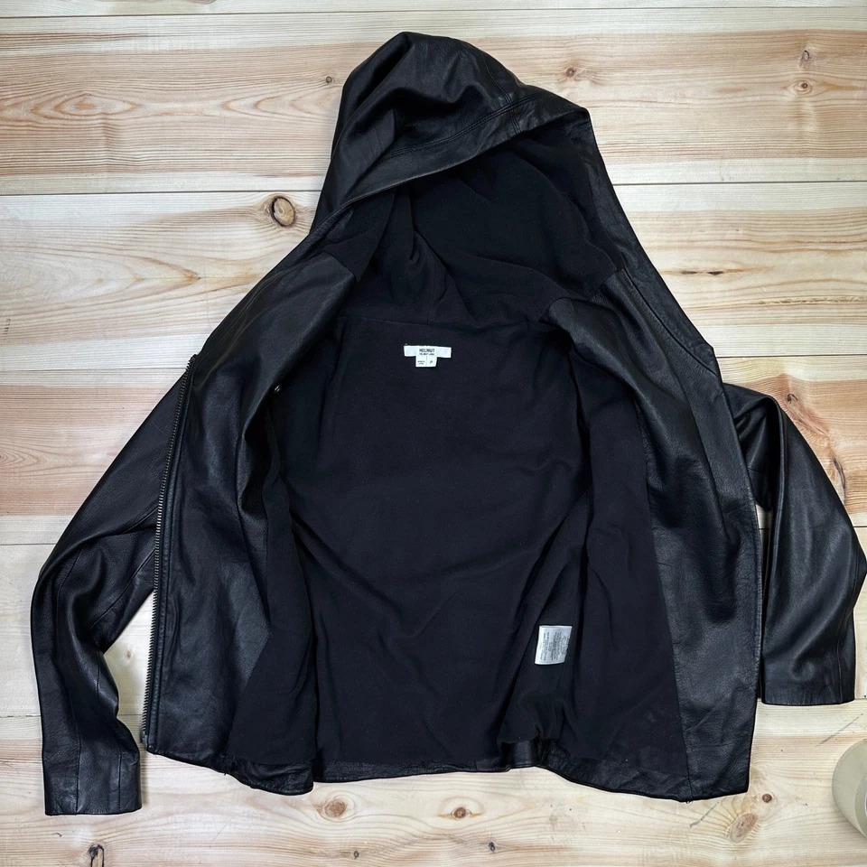 Chaqueta con Capucha Helmut Lang Cuero Cordero Negro P SW-JK0475H Cremallera Asimétrica W Foto 4 de 4