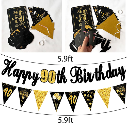 90. Geburtstag Party Deko für Männer Frauen schwarz und gold, schwarz gold Happy B - Bild 3 von 12