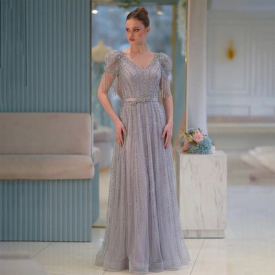Beaded Evening Dresses with Tassel Puff Sleeves A-Line Dubai Wedding Party Gowns