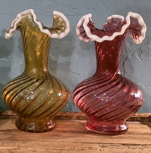 Duo 11" Fenton Spiral Optic Amber Cranberry Snow Crest Ruffled Vases