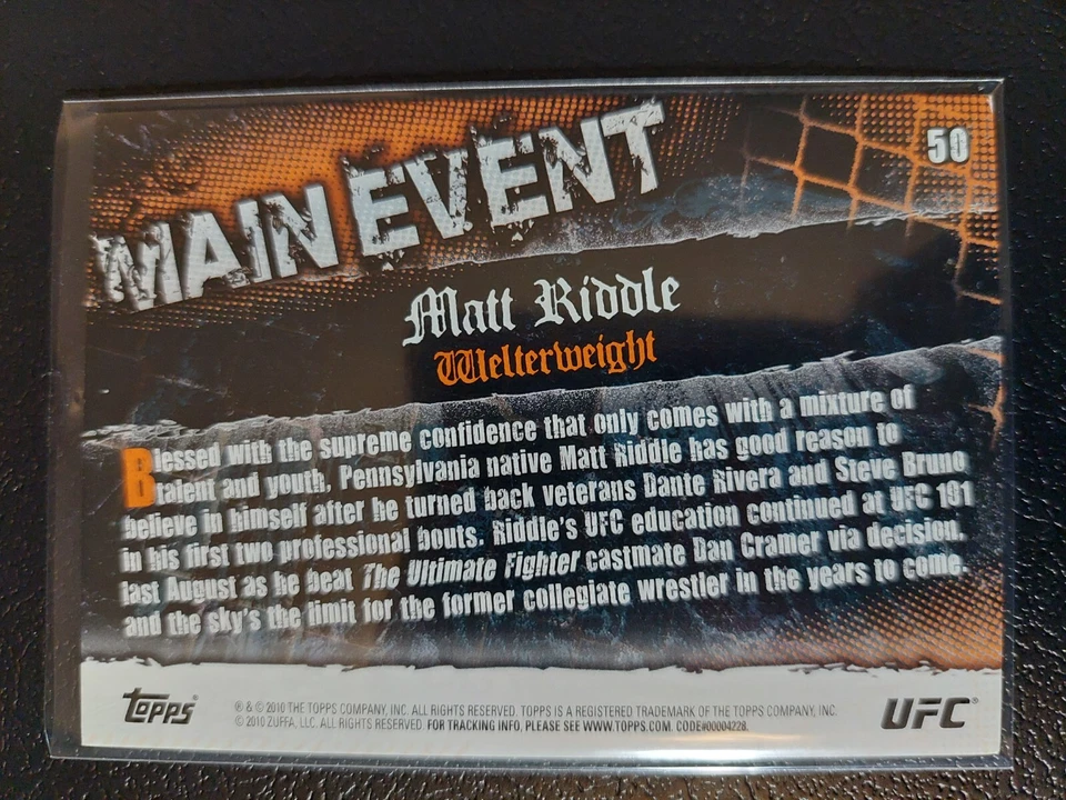 Matt Riddle #50 2010 UFC Main Event Thick Gold Parallel - Image 2 of 2
