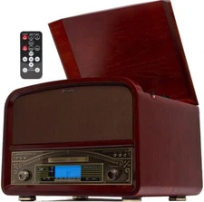 TECHPLAY TCP9560 RETRO SHELF STEREO RECORD PLAYER BLUETOOTH CD RADIO CHERRYWOOD