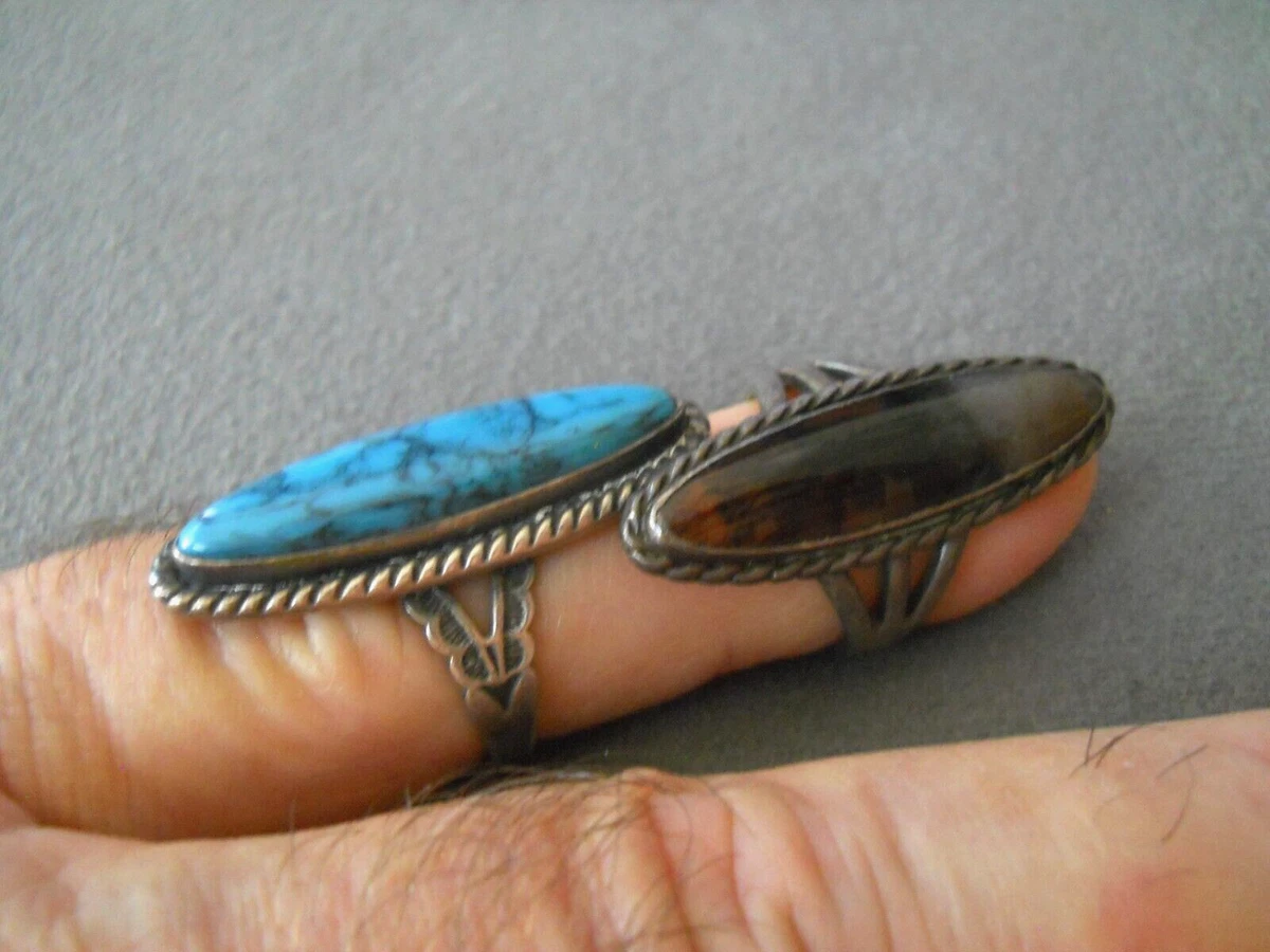 Native American Navajo Ring Set Turquoise Petrified Wood Sterling Silver Rings