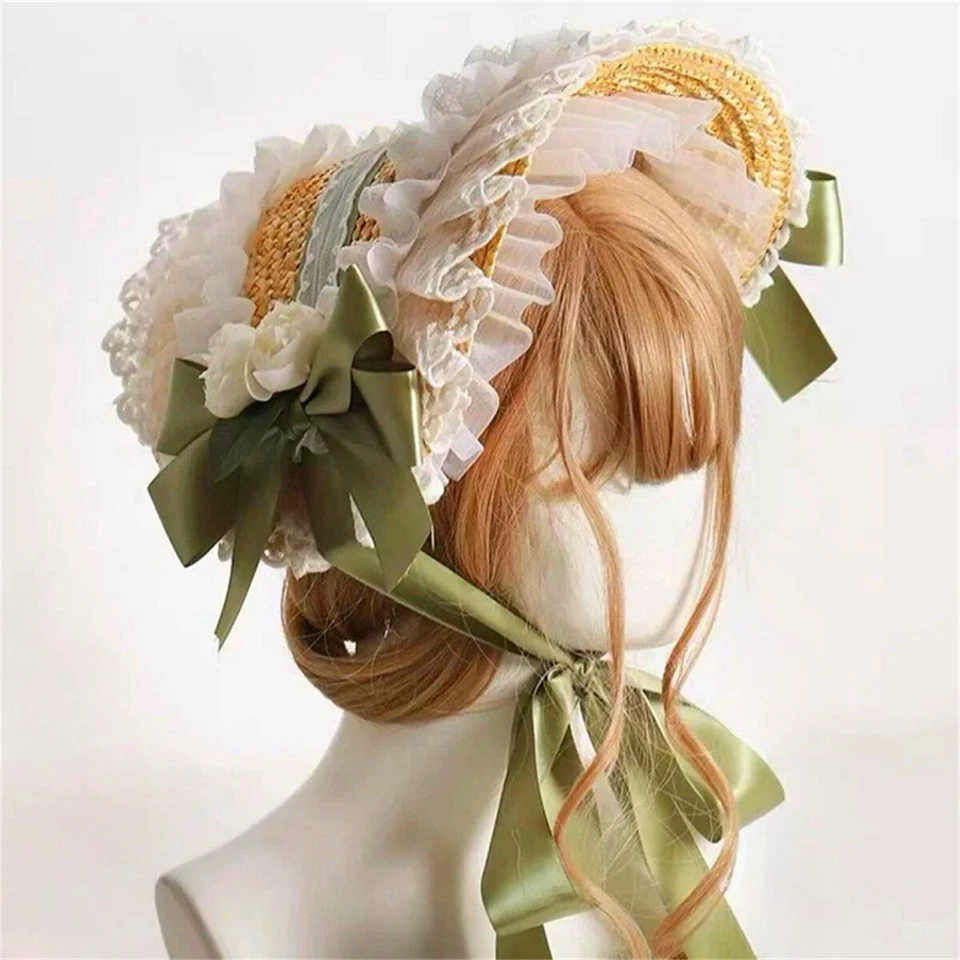 Victorian Women Poke Bonnet Hat with Florals Classic Lolita Straw Hat Tea Party - Image 3 of 4