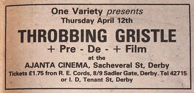 THROBBING GRISTLE - GIG ADVERT - AJANTA CINEMA DERBY - 12/04/1979