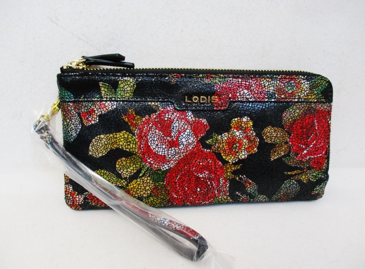 LODIS KENNEDY ROSALIA Wristlet Wallet BLACK FLORAL ROSE RFID 