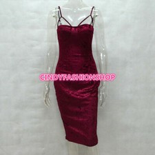 USA Women Velet Warm Casual Spaghetti Strap Bodycon Bandage Sexy Club Dress