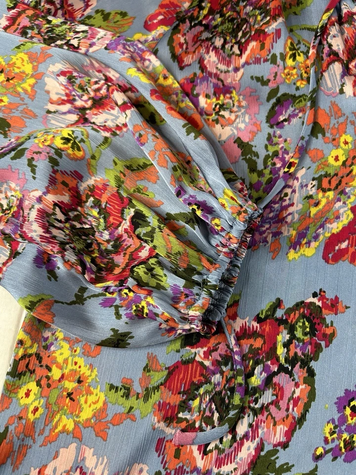 Blusa Top Mujer Azel Hazel Talla M Azul Floral Manga Larga Cuello en V Volantes Escote Foto 4 de 4