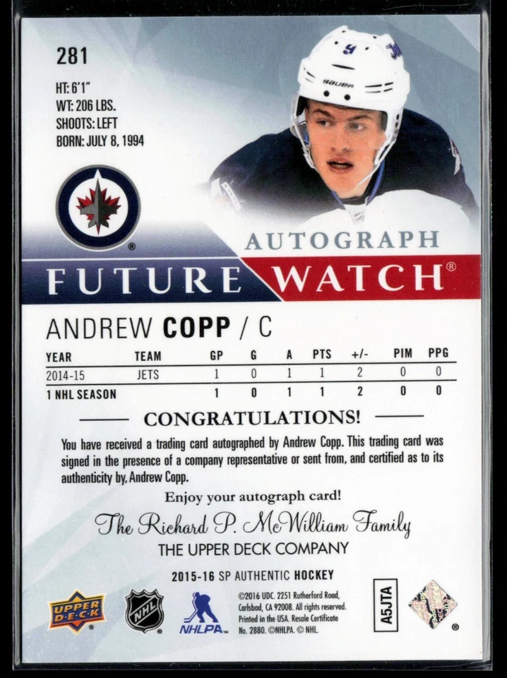 2015-16 SP Authentic #281 Andrew Copp RC 531/999 - Image 2 of 2