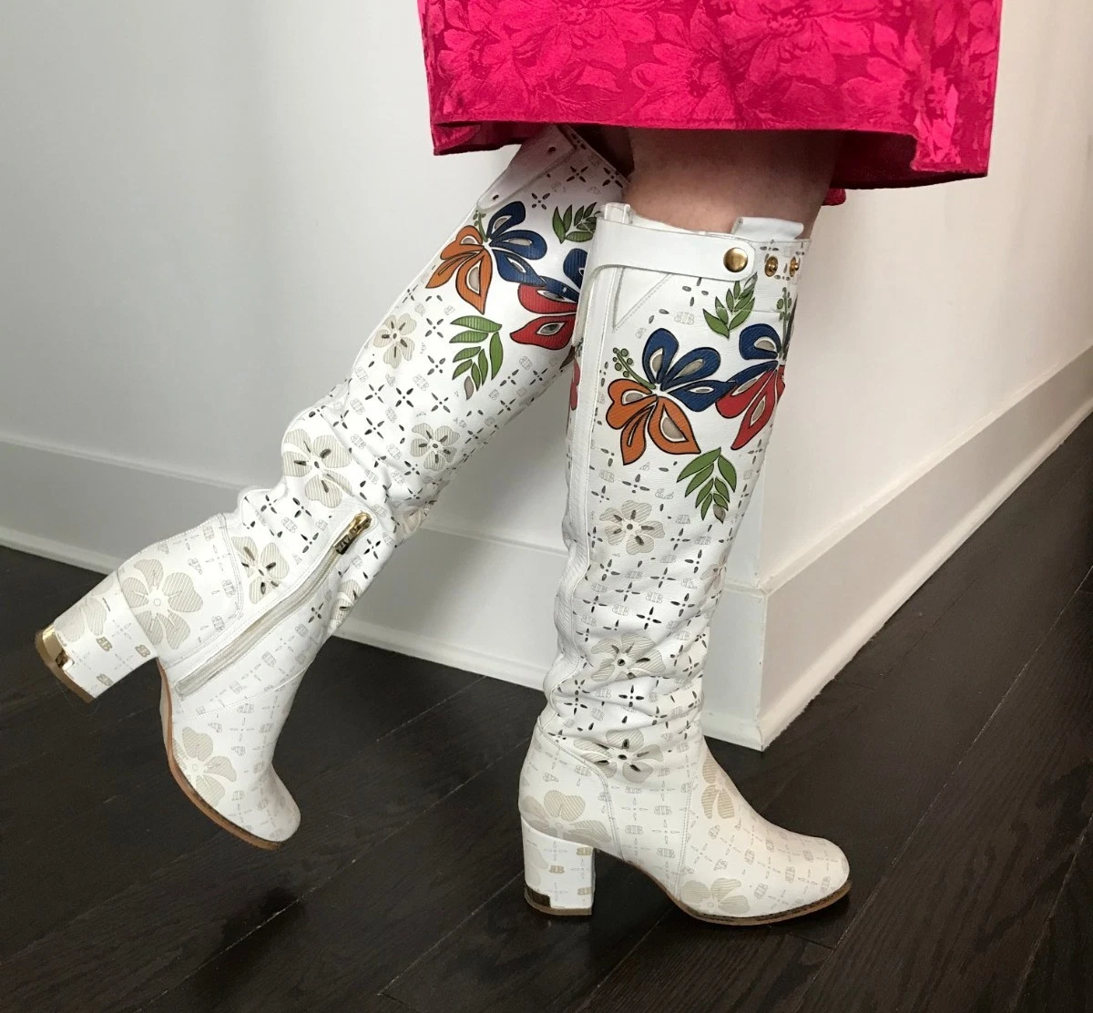 White Leather Knee high Boots Bate by Pazia White with Flower Decor 37