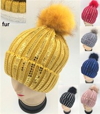 Warm Winter Ski Beanie Hat Knit Fur Lining Pom Pom Braid Sequin Shiny Design