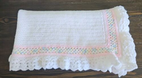Vintage Handmade Crochet Girls White Baby Blanket w/scalloped Edges 39"×36" SOFT