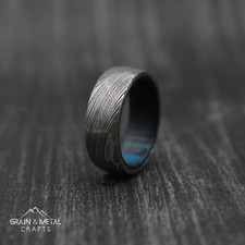 Damascus Steel Men Blue Wood Wedding Band, Men Unique Engagement Ring