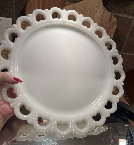 Vintage 13” Anchor Hocking White Milk Glass Lace Edge Serving Platter Cake Plate