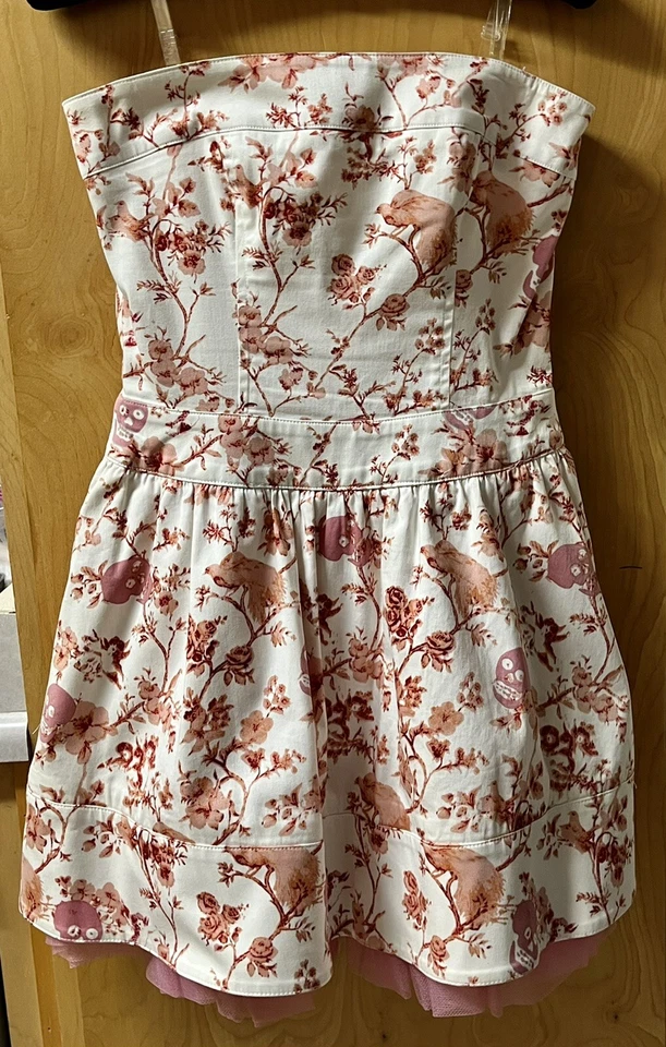 Betsey Johnson винтажный розовый белый тюль черепа цветы мини-платье редкая размер 2 - Изображение 2 из 4