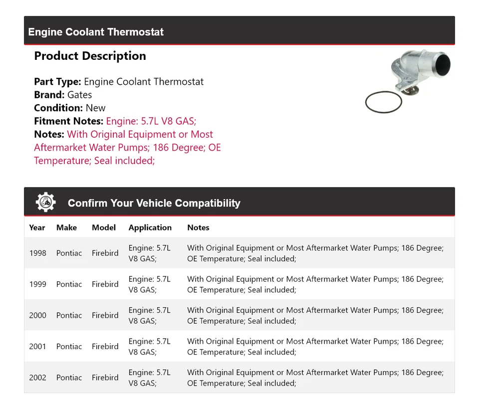 Para Pontiac Firebird 1998-2002 5,7 L V8 motor gas refrigerante termostato puertas 1999 Foto 2 de 4