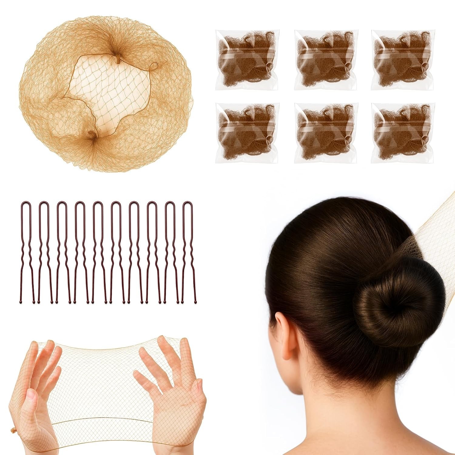 Haarnetze für Brötchen, 20 Stück mit 20 U-förmigen Pins, geeignet für Frauen, Ba