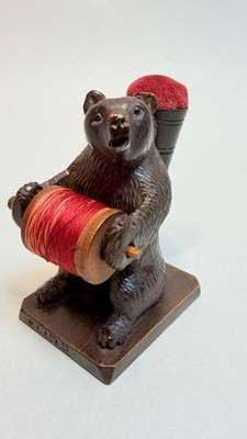 Antique Black Forest  Wood Carving Brown Bear Figurine Pincushion Spool Holder