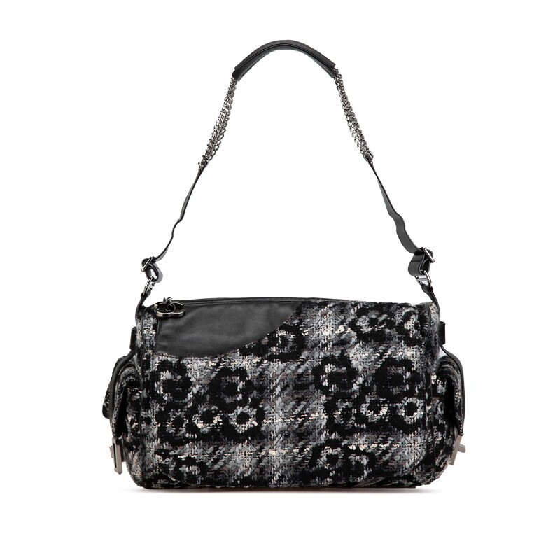 CHANEL Camellia Chain Shoulder Bag in Gray Black Tweed & Leather Pre-Owned