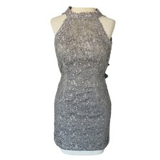 Alyce Paris Gray Lace Rhinestone Halter Open Back Mini Dress 00 Prom Homecoming