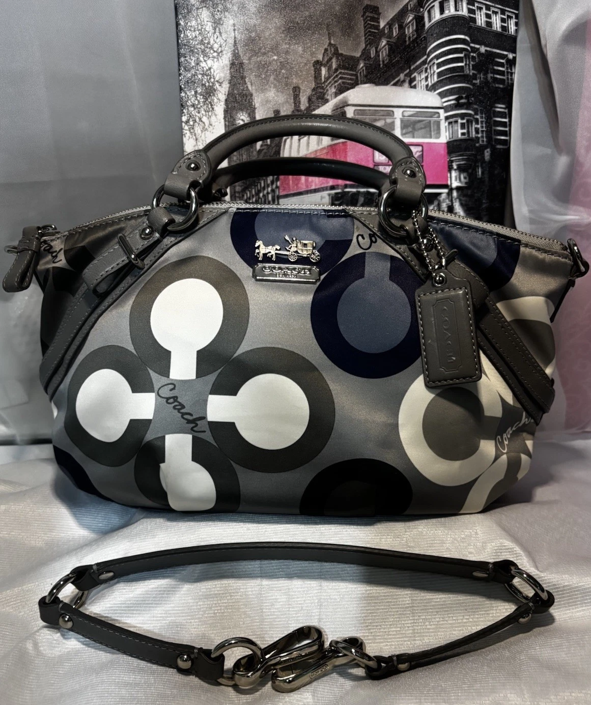 Borsa Coach Madison Sophia Clover Logo • Raso e Pelle Grigio Blu 15946 Us intime Ottimeioni