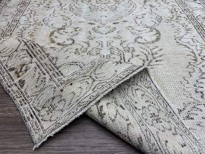 5x9 Hand-Knotted Wool White Brown Neutral Vintage Turkish Living Room Area Rug