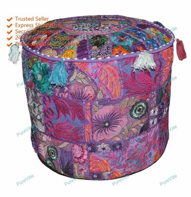 Indian Floral Cotton Foot Stool Seating Handcrafted Ottoman Pouf