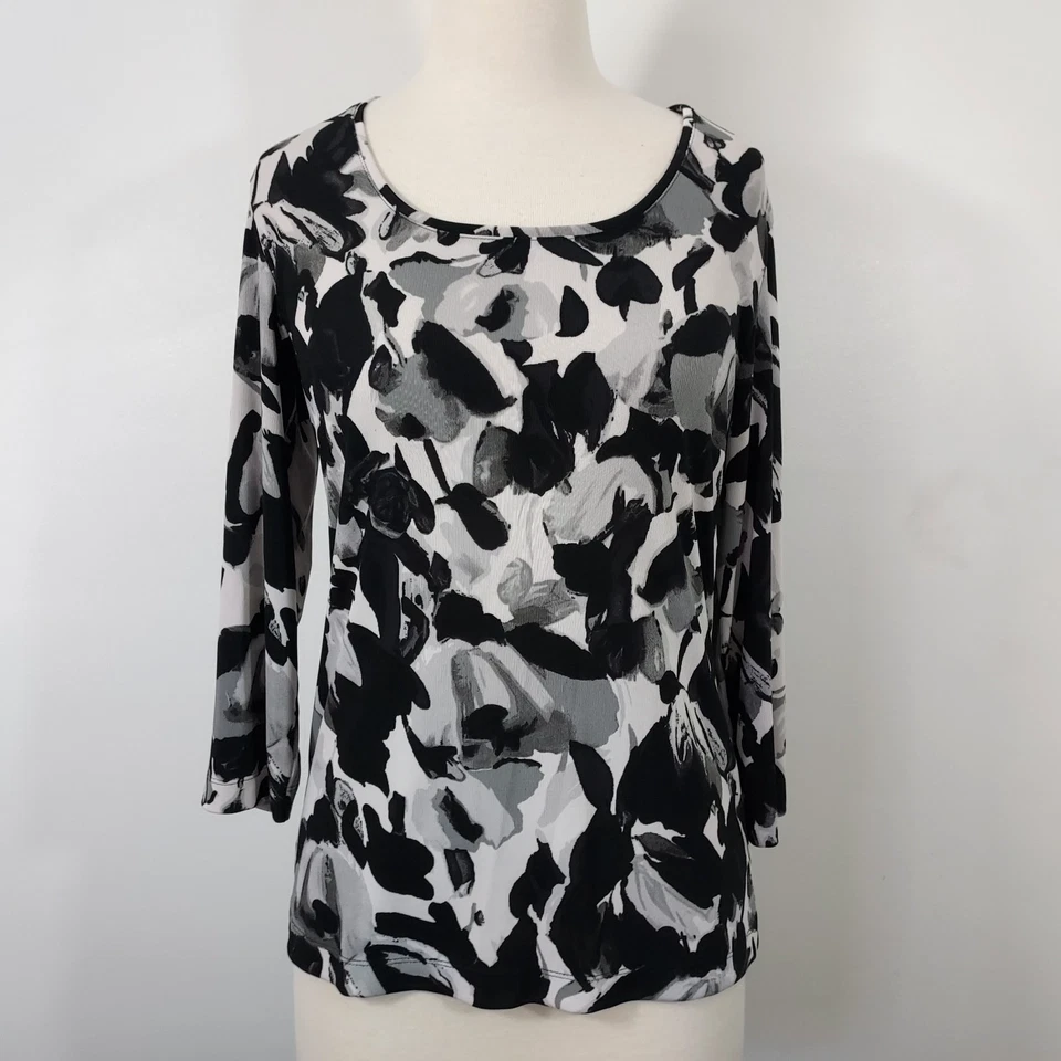 Easy Wear by Chico's Top Shirt Blouse Womens Size 1 ( M ) Black White Watercolor - Image 2 of 4