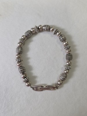 Vintage Napier Signed Antiqued Silver Tone Barrel & Round Beaded Bracelet