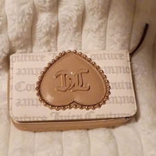 Juicy Couture Women's Zip-Around Wallet Beige Logo Heart Studs Clear ID