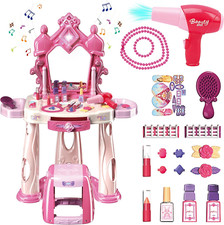 Pretend Play Girls Makeup Table Set with Stool  Kids Vanity Set with Lights and M