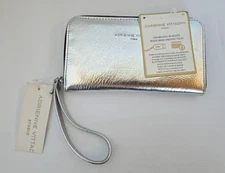 Adrienne Vittadini Silver Metallic Charging Zip Around Phone Wallet rfid NEW