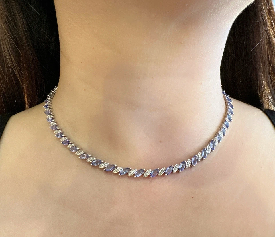 Marquise Tanzanite and Round Diamond Necklace in 18k White Gold - HM2613AN