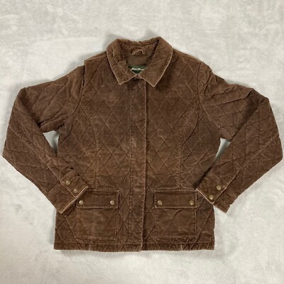 Eddie Bauer Jacket Womens Size Large Brown Microcord Zip Up Snap Lined Insulated