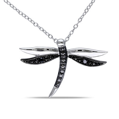 Amour Sterling Silver Black Diamond Dragonfly Pendant with Chain, 18''